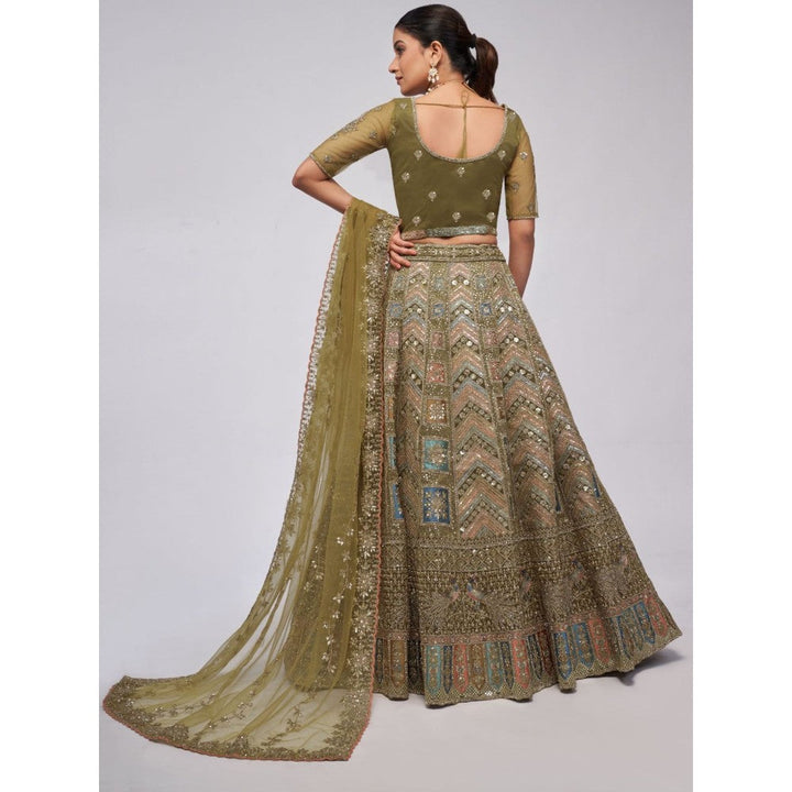 Odette Olive Soft Net Embroidered Semi Stitched Lehenga With Unstitched Blouse & Dupatta (Set of 3)