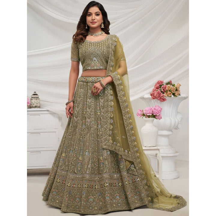 Odette Olive Soft Net Embroidered Semi Stitched Lehenga With Unstitched Blouse & Dupatta (Set of 3)