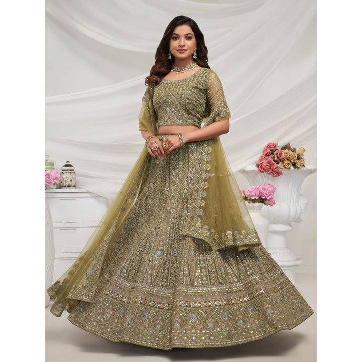 Odette Olive Soft Net Embroidered Semi Stitched Lehenga With Unstitched Blouse & Dupatta (Set of 3)