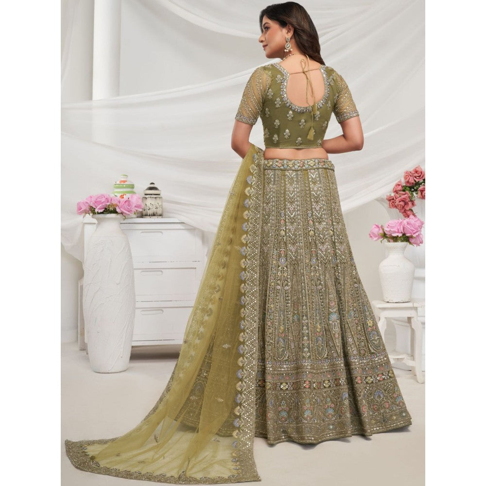 Odette Olive Soft Net Embroidered Semi Stitched Lehenga With Unstitched Blouse & Dupatta (Set of 3)