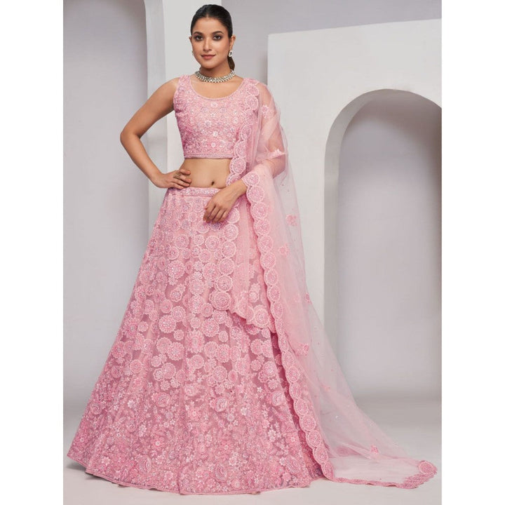 Odette Pink Soft Net Embroidered Semi Stitched Lehenga With Unstitched Blouse & Dupatta (Set of 3)