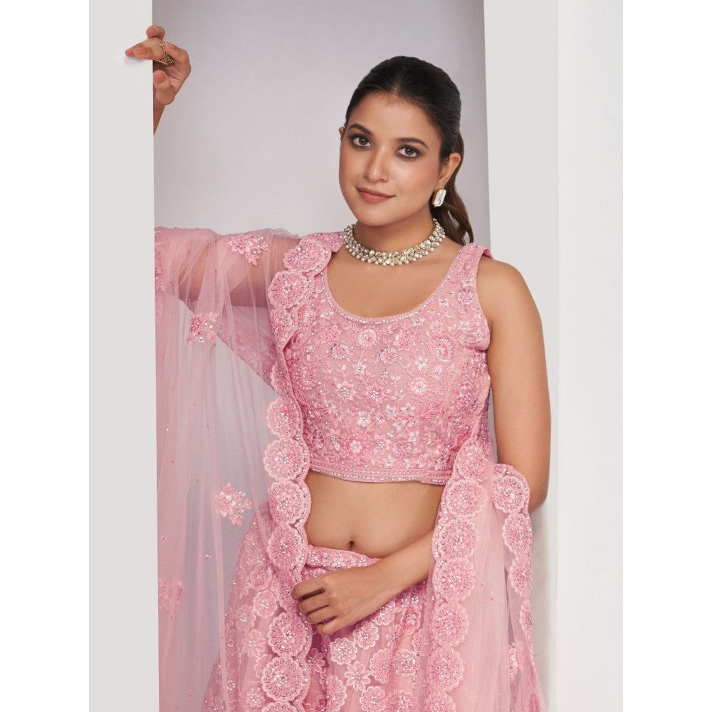 Odette Pink Soft Net Embroidered Semi Stitched Lehenga With Unstitched Blouse & Dupatta (Set of 3)