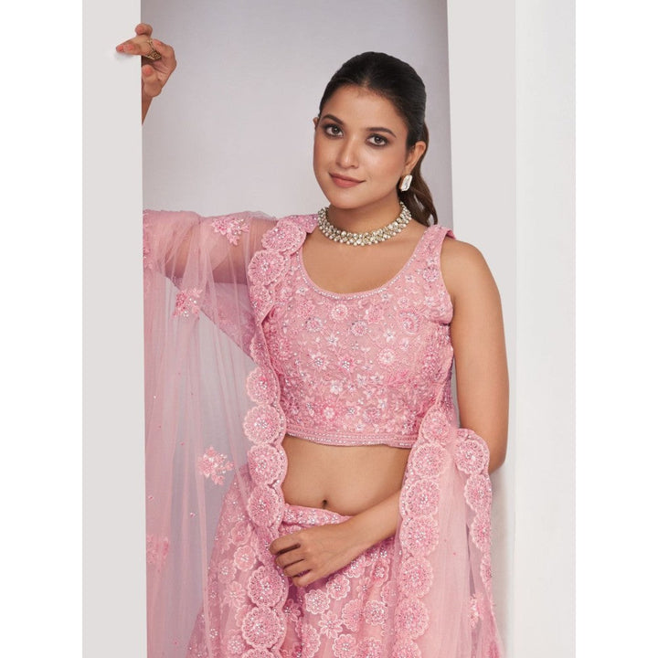 Odette Pink Soft Net Embroidered Semi Stitched Lehenga With Unstitched Blouse & Dupatta (Set of 3)