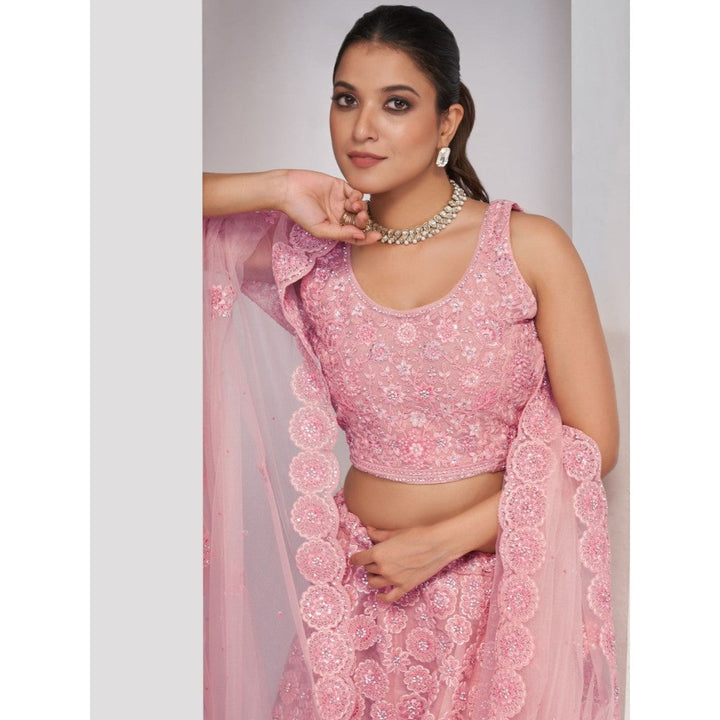 Odette Pink Soft Net Embroidered Semi Stitched Lehenga With Unstitched Blouse & Dupatta (Set of 3)