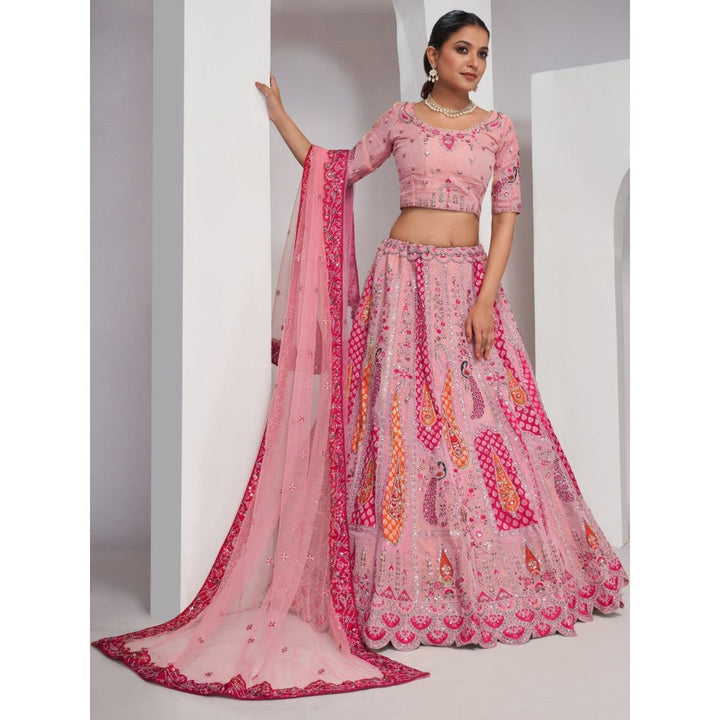 Odette Pink Net Embroidered Semi Stitched Lehenga With Unstitched Blouse & Dupatta (Set of 3)