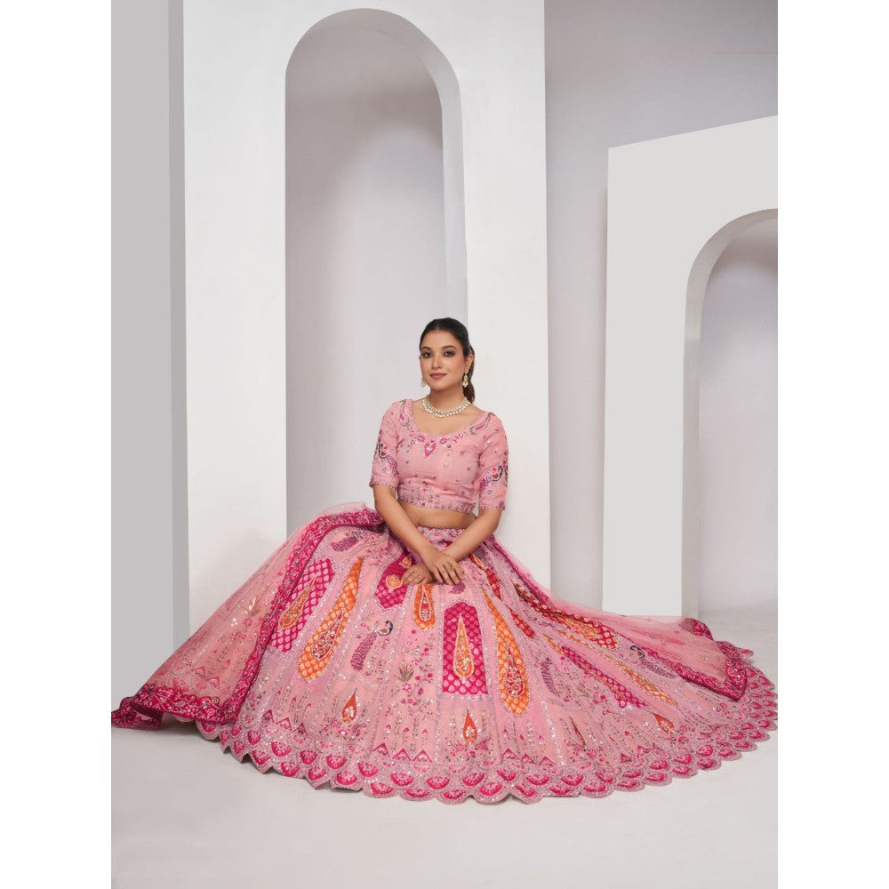 Odette Pink Net Embroidered Semi Stitched Lehenga With Unstitched Blouse & Dupatta (Set of 3)