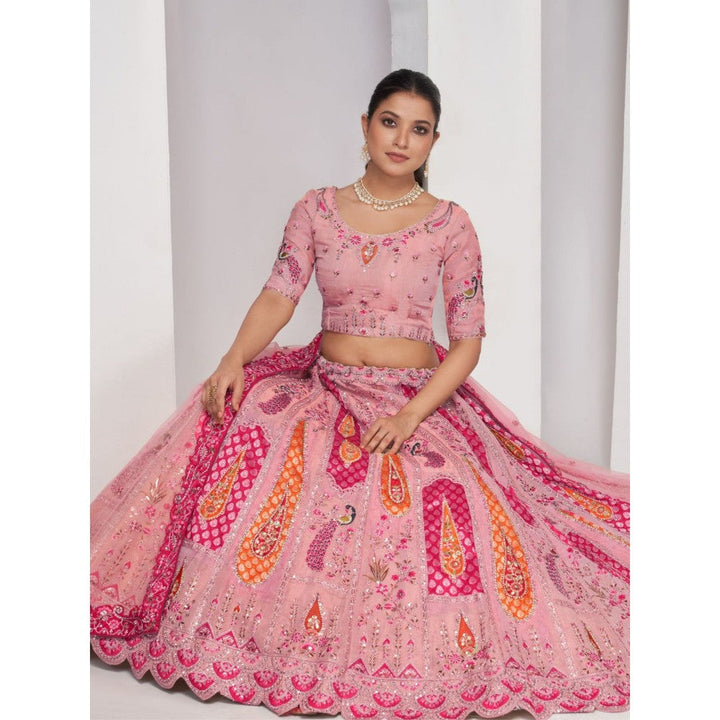 Odette Pink Net Embroidered Semi Stitched Lehenga With Unstitched Blouse & Dupatta (Set of 3)