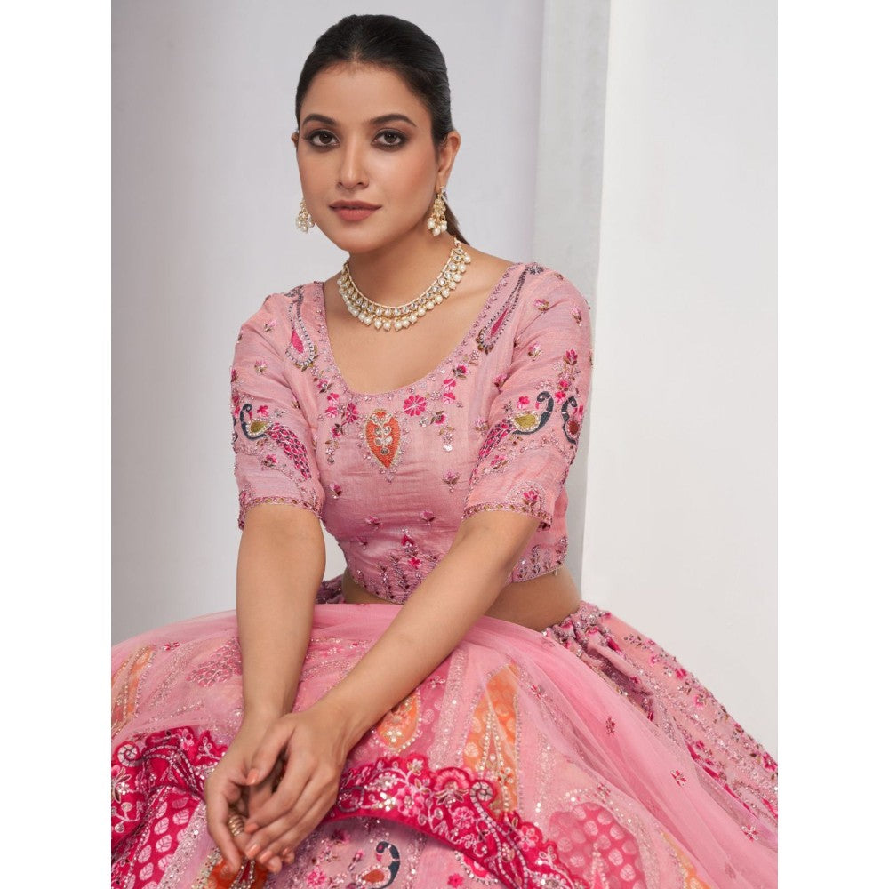 Odette Pink Net Embroidered Semi Stitched Lehenga With Unstitched Blouse & Dupatta (Set of 3)