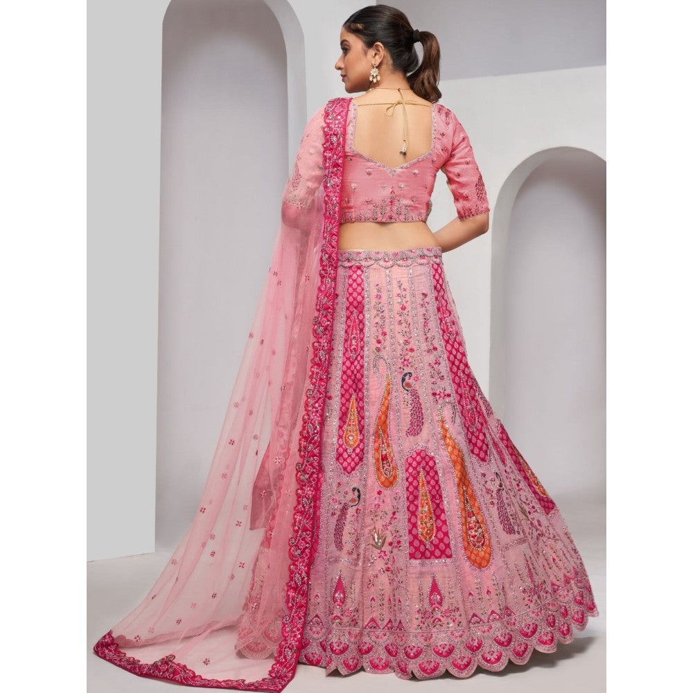 Odette Pink Net Embroidered Semi Stitched Lehenga With Unstitched Blouse & Dupatta (Set of 3)