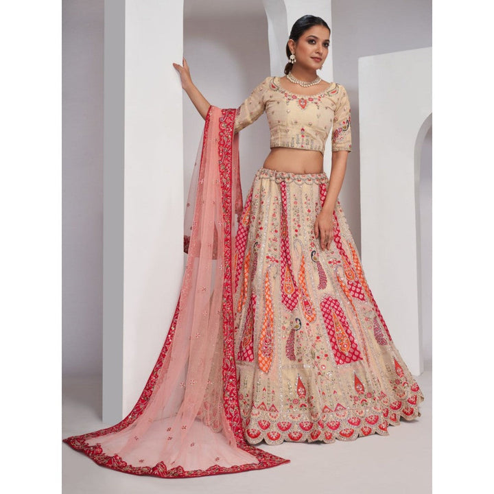 Odette Cream Net Embroidered Semi Stitched Lehenga With Unstitched Blouse & Dupatta (Set of 3)