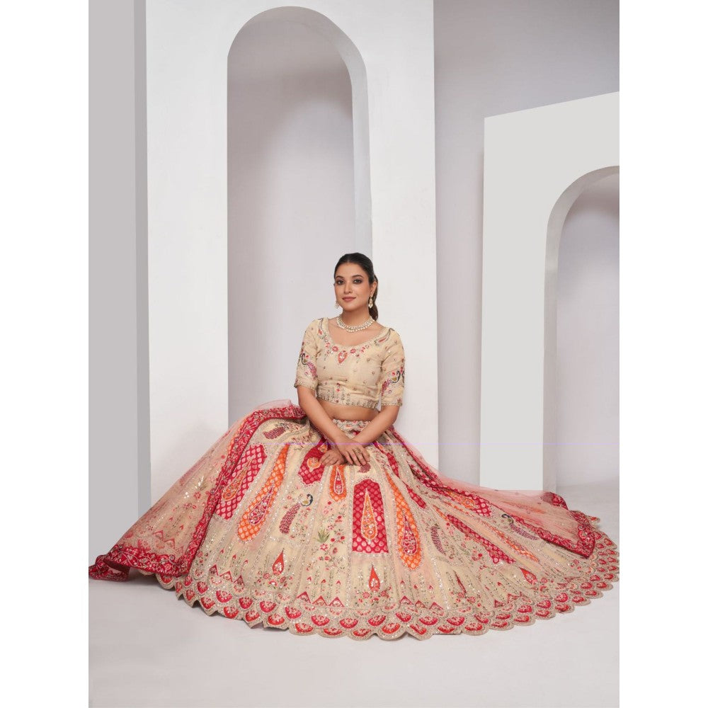 Odette Cream Net Embroidered Semi Stitched Lehenga With Unstitched Blouse & Dupatta (Set of 3)