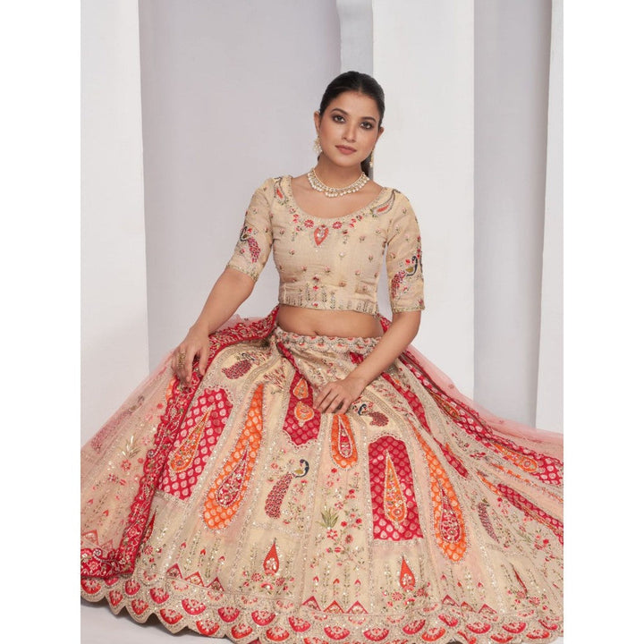 Odette Cream Net Embroidered Semi Stitched Lehenga With Unstitched Blouse & Dupatta (Set of 3)