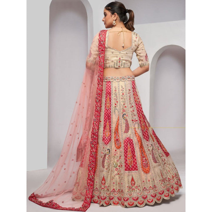 Odette Cream Net Embroidered Semi Stitched Lehenga With Unstitched Blouse & Dupatta (Set of 3)