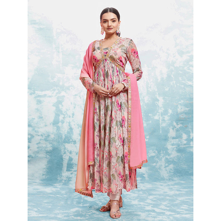 Odette Pink Georgette Printed Stitched Anarkali Kurta With Pant & Dupatta (Set of 3)