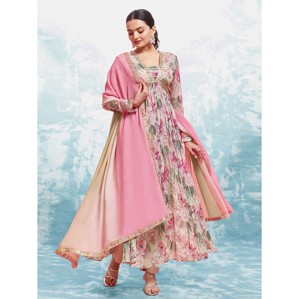 Odette Pink Georgette Printed Stitched Anarkali Kurta With Pant & Dupatta (Set of 3)