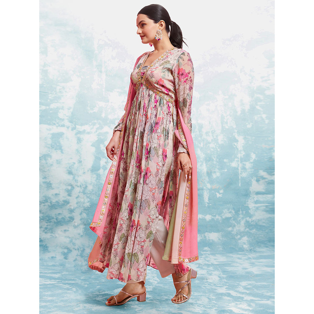 Odette Pink Georgette Printed Stitched Anarkali Kurta With Pant & Dupatta (Set of 3)