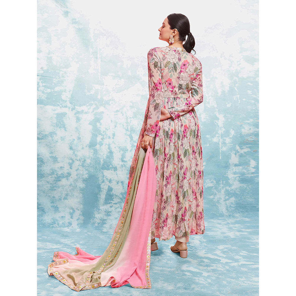 Odette Pink Georgette Printed Stitched Anarkali Kurta With Pant & Dupatta (Set of 3)