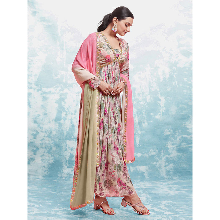 Odette Pink Georgette Printed Stitched Anarkali Kurta With Pant & Dupatta (Set of 3)