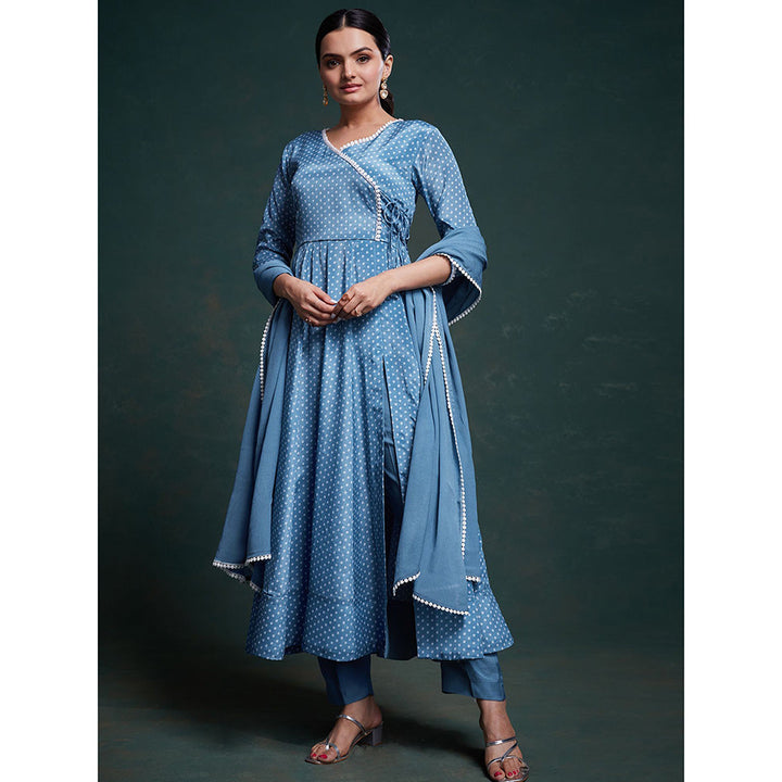 Odette Blue Chinon Silk Printed Stitched Angrakha Kurta With Pant & Dupatta (Set of 3)