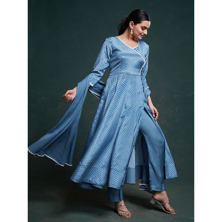 Odette Blue Chinon Silk Printed Stitched Angrakha Kurta With Pant & Dupatta (Set of 3)