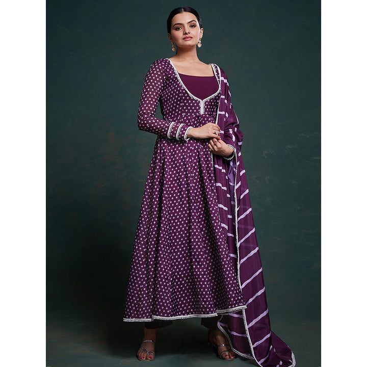 Odette Purple Organza Printed Stitched Anarkali Kurta With Pant & Dupatta (Set of 3)