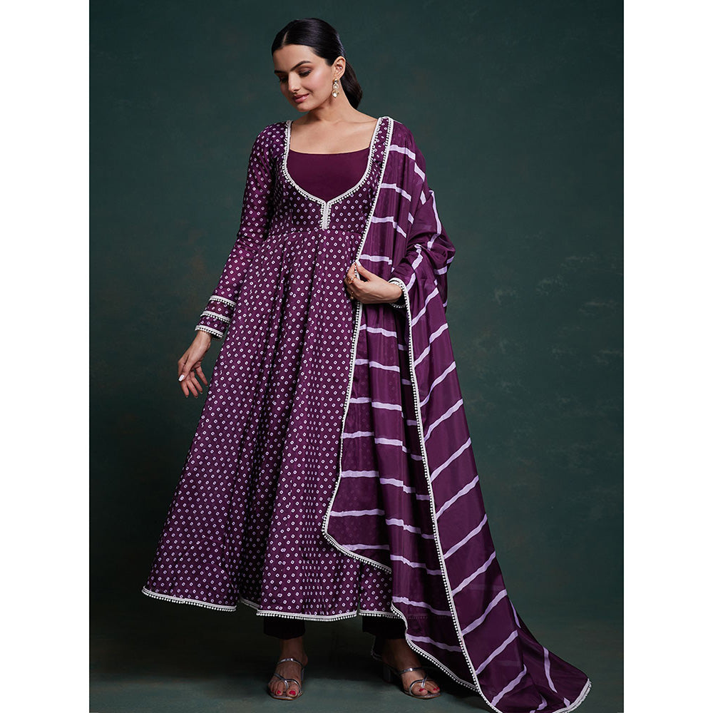 Odette Purple Organza Printed Stitched Anarkali Kurta With Pant & Dupatta (Set of 3)