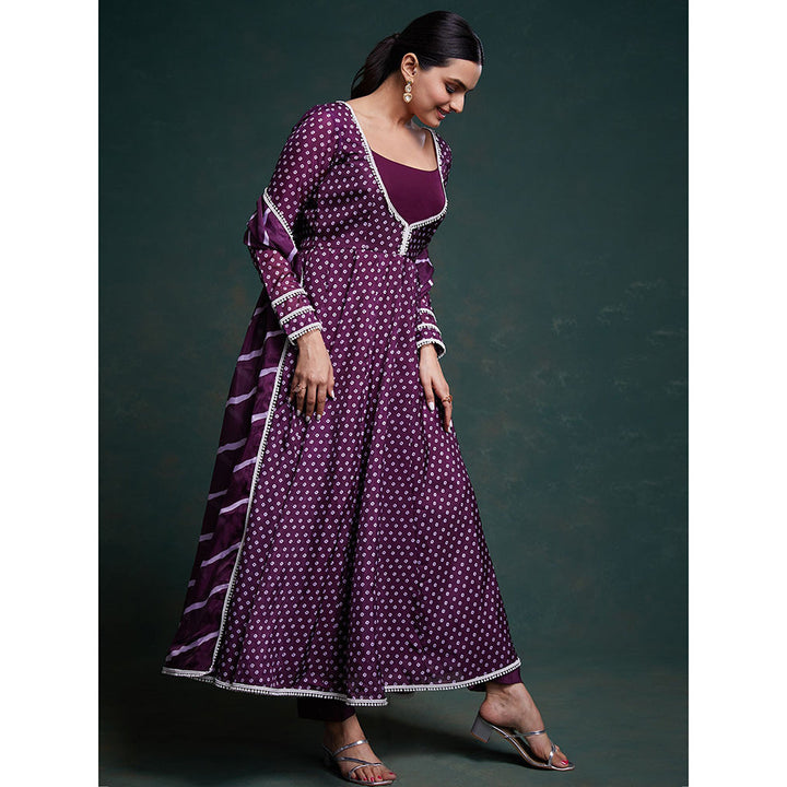 Odette Purple Organza Printed Stitched Anarkali Kurta With Pant & Dupatta (Set of 3)