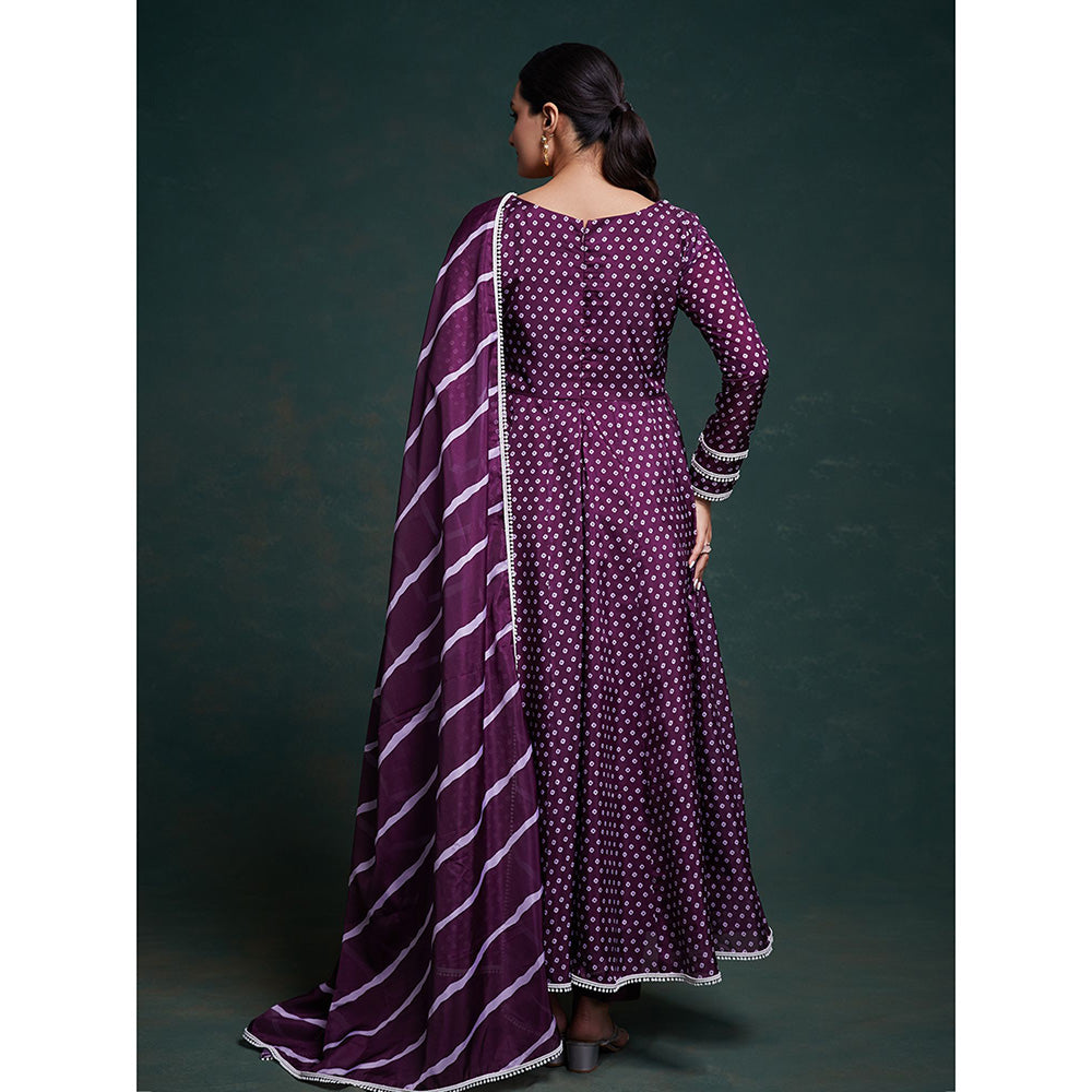 Odette Purple Organza Printed Stitched Anarkali Kurta With Pant & Dupatta (Set of 3)