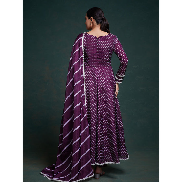 Odette Purple Organza Printed Stitched Anarkali Kurta With Pant & Dupatta (Set of 3)