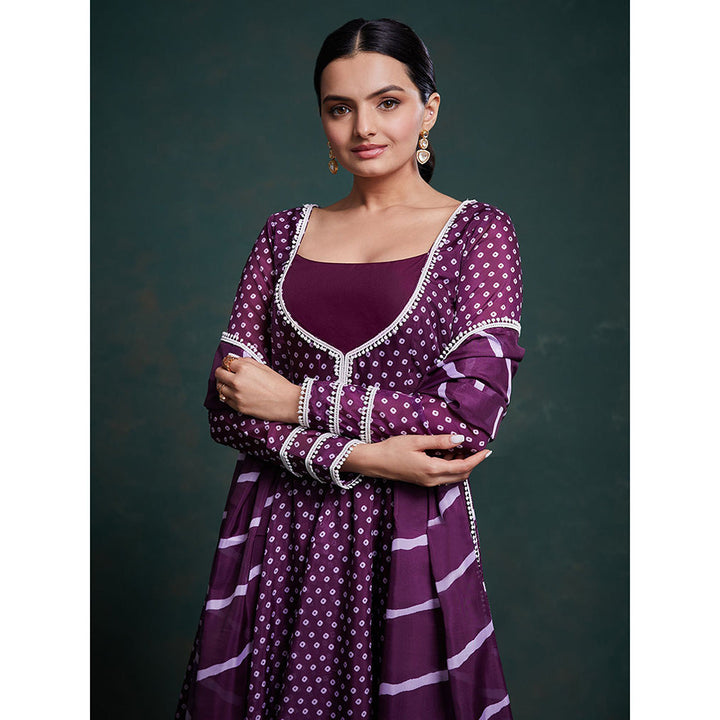 Odette Purple Organza Printed Stitched Anarkali Kurta With Pant & Dupatta (Set of 3)