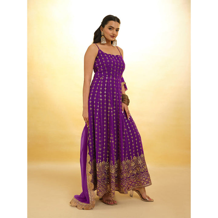 Odette Purple Georgette Embroidered Stitched Anarkali Kurta With Pant & Dupatta (Set of 3)