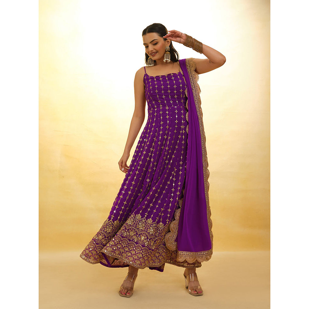 Odette Purple Georgette Embroidered Stitched Anarkali Kurta With Pant & Dupatta (Set of 3)