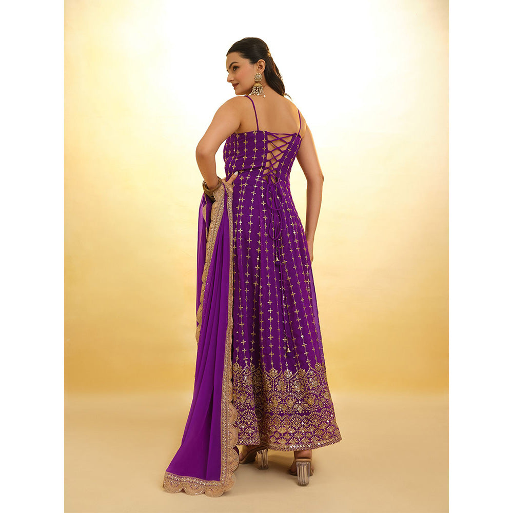 Odette Purple Georgette Embroidered Stitched Anarkali Kurta With Pant & Dupatta (Set of 3)