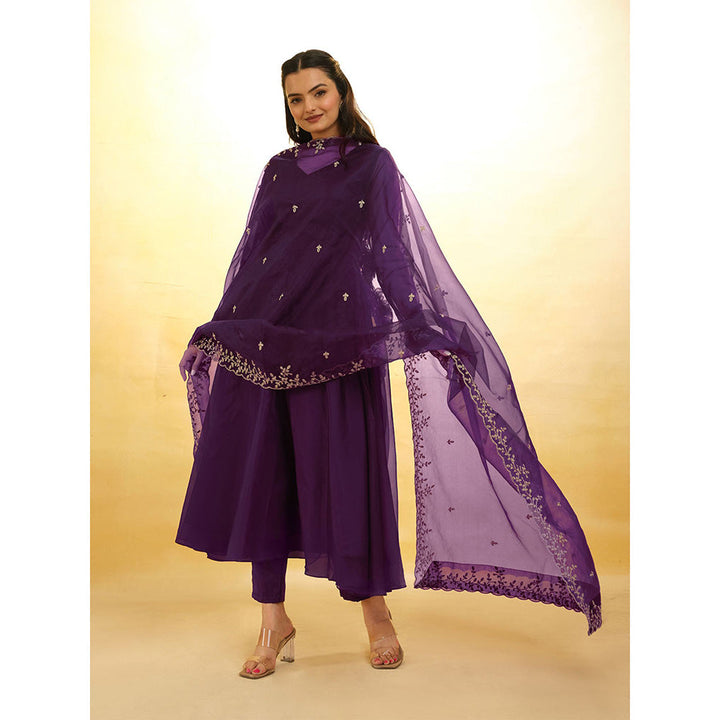 Odette Purple Organza Embroidered Stitched Anarkali Kurta With Pant & Dupatta (Set of 3)