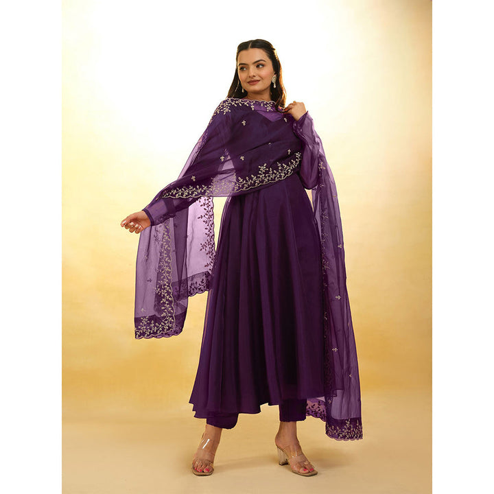 Odette Purple Organza Embroidered Stitched Anarkali Kurta With Pant & Dupatta (Set of 3)