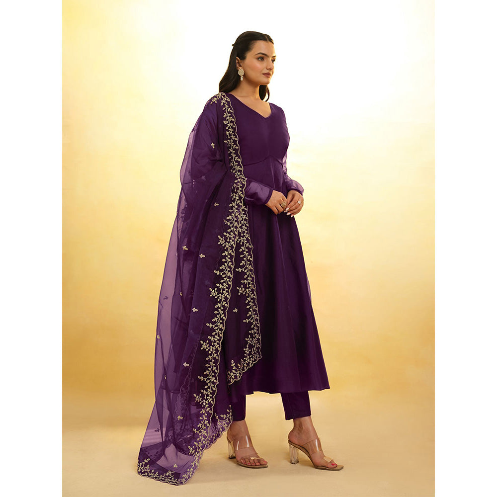 Odette Purple Organza Embroidered Stitched Anarkali Kurta With Pant & Dupatta (Set of 3)