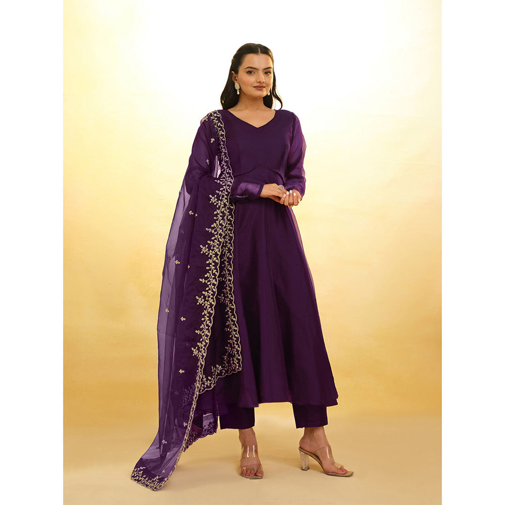 Odette Purple Organza Embroidered Stitched Anarkali Kurta With Pant & Dupatta (Set of 3)