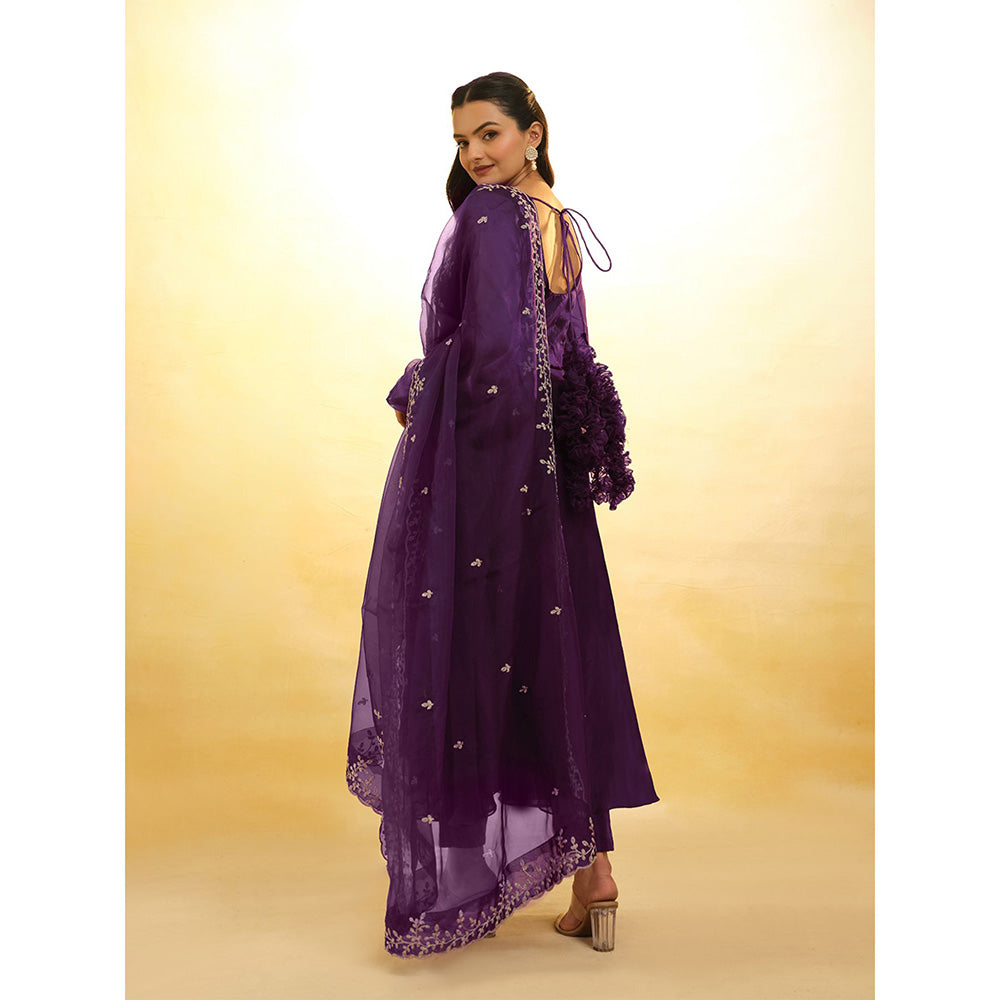 Odette Purple Organza Embroidered Stitched Anarkali Kurta With Pant & Dupatta (Set of 3)