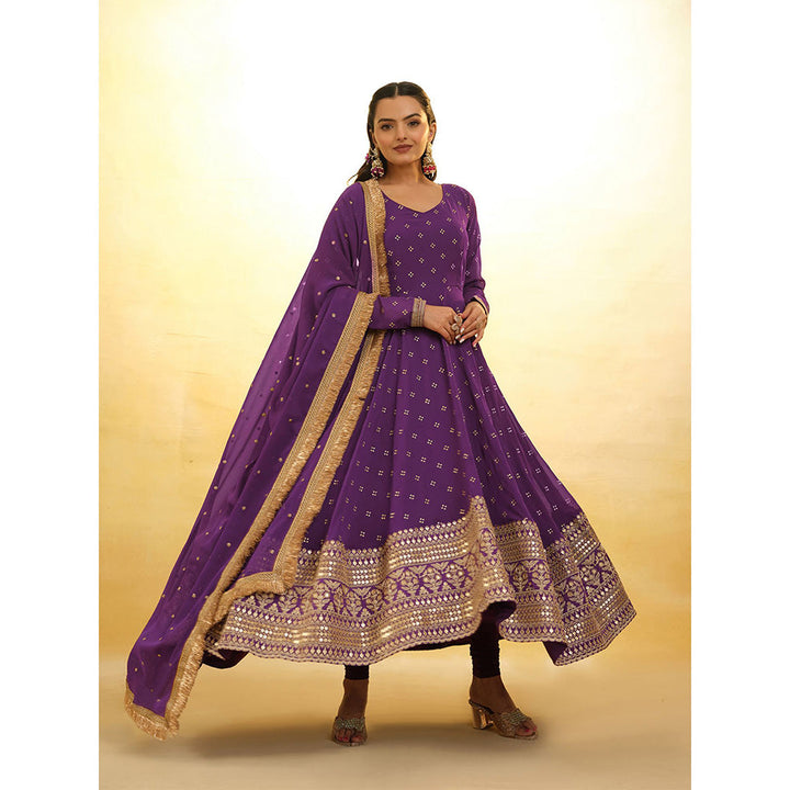 Odette Purple Georgette Embroidered Stitched Anarkali Kurta With Churidar & Dupatta (Set of 3)