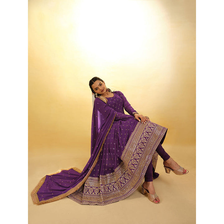 Odette Purple Georgette Embroidered Stitched Anarkali Kurta With Churidar & Dupatta (Set of 3)