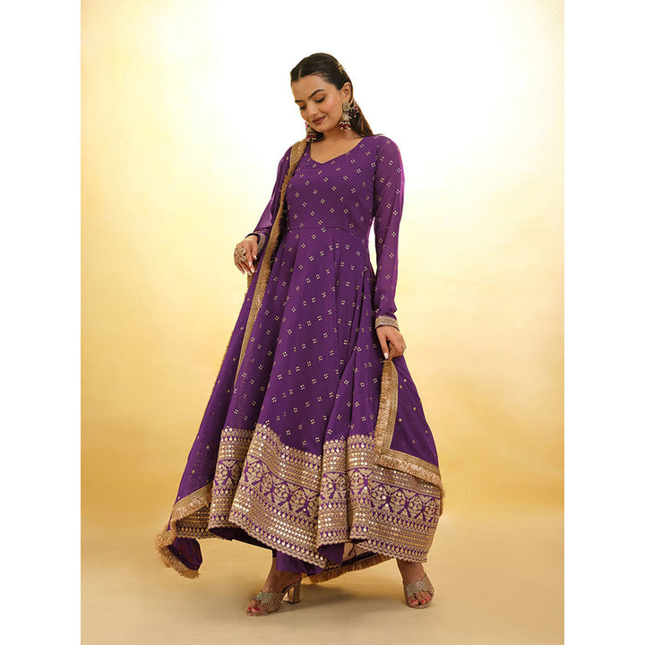 Odette Purple Georgette Embroidered Stitched Anarkali Kurta With Churidar & Dupatta (Set of 3)