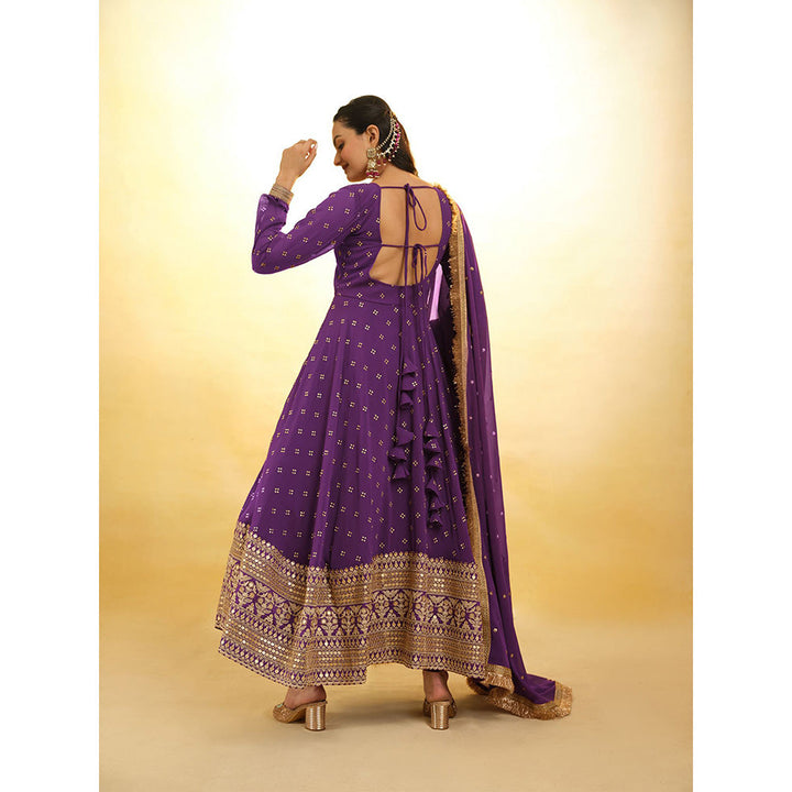 Odette Purple Georgette Embroidered Stitched Anarkali Kurta With Churidar & Dupatta (Set of 3)