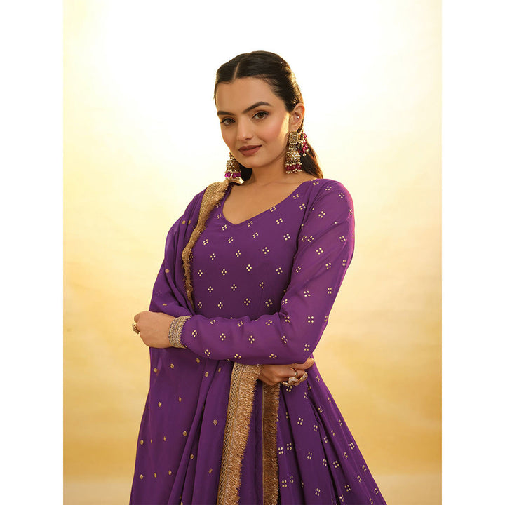 Odette Purple Georgette Embroidered Stitched Anarkali Kurta With Churidar & Dupatta (Set of 3)