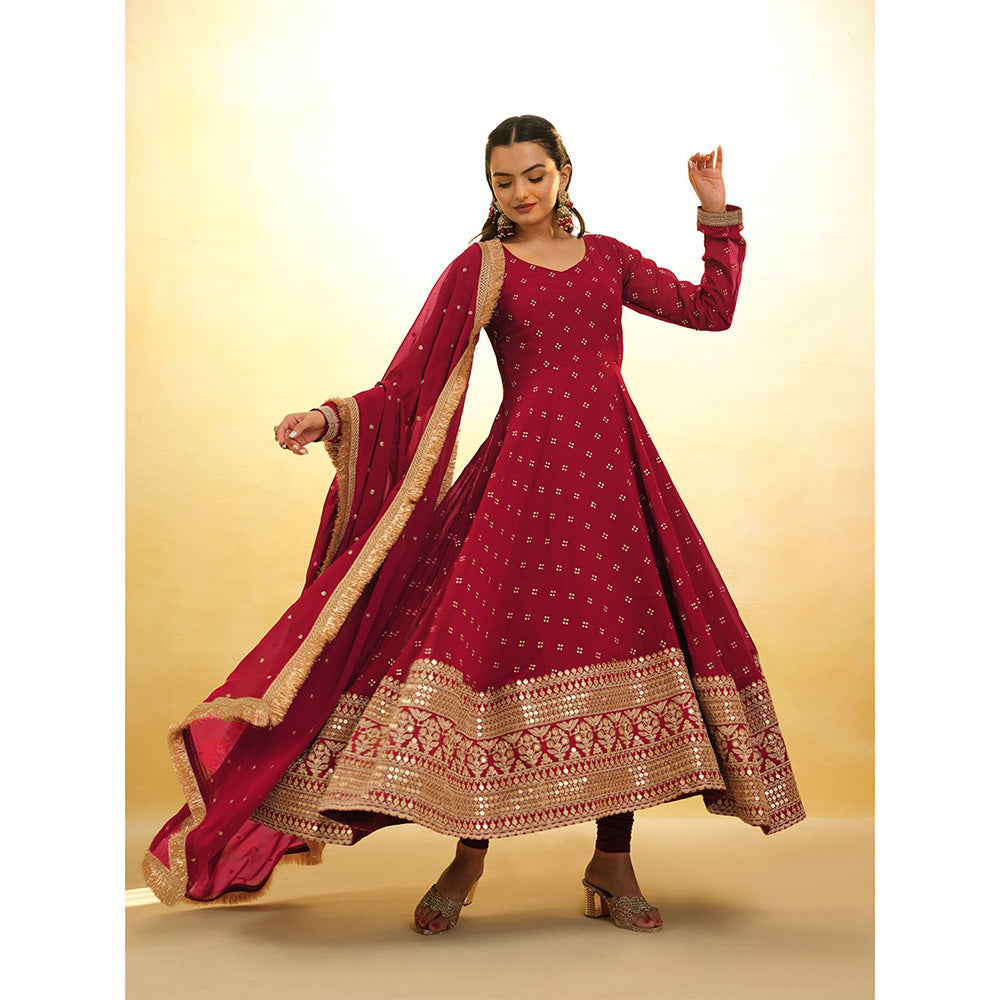 Odette Maroon Georgette Embroidered Stitched Anarkali Kurta With Churidar & Dupatta (Set of 3)