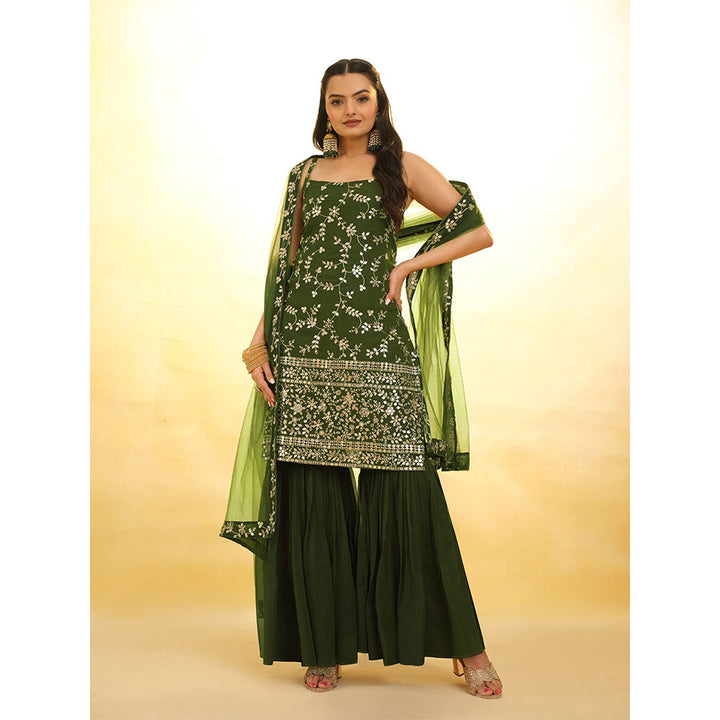 Odette Green Georgette Embroidered Stitched Kurta With Sharara & Dupatta (Set of 3)