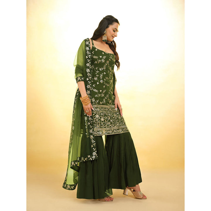 Odette Green Georgette Embroidered Stitched Kurta With Sharara & Dupatta (Set of 3)