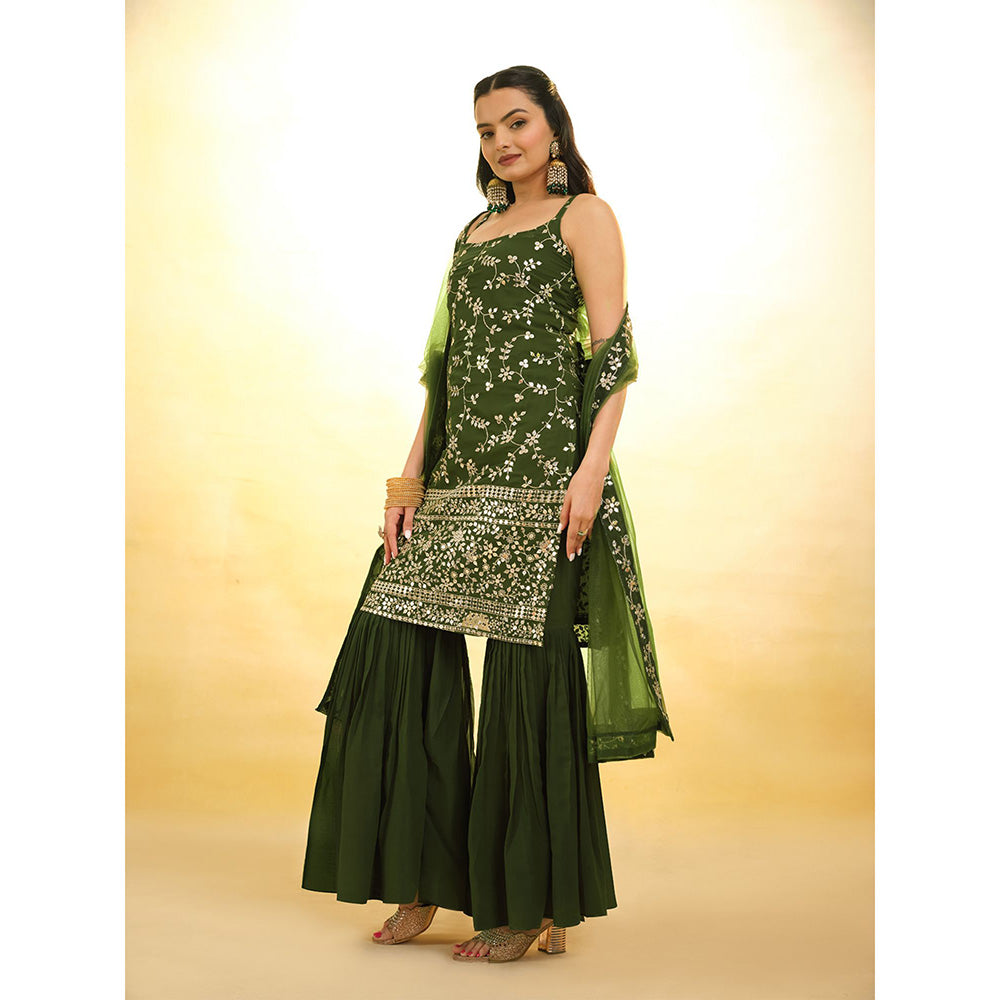 Odette Green Georgette Embroidered Stitched Kurta With Sharara & Dupatta (Set of 3)