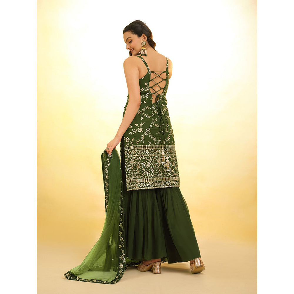 Odette Green Georgette Embroidered Stitched Kurta With Sharara & Dupatta (Set of 3)