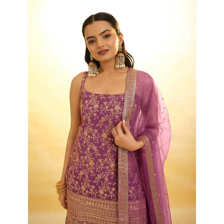 Odette Purple Georgette Embroidered Stitched Kurta With Sharara & Dupatta (Set of 3)