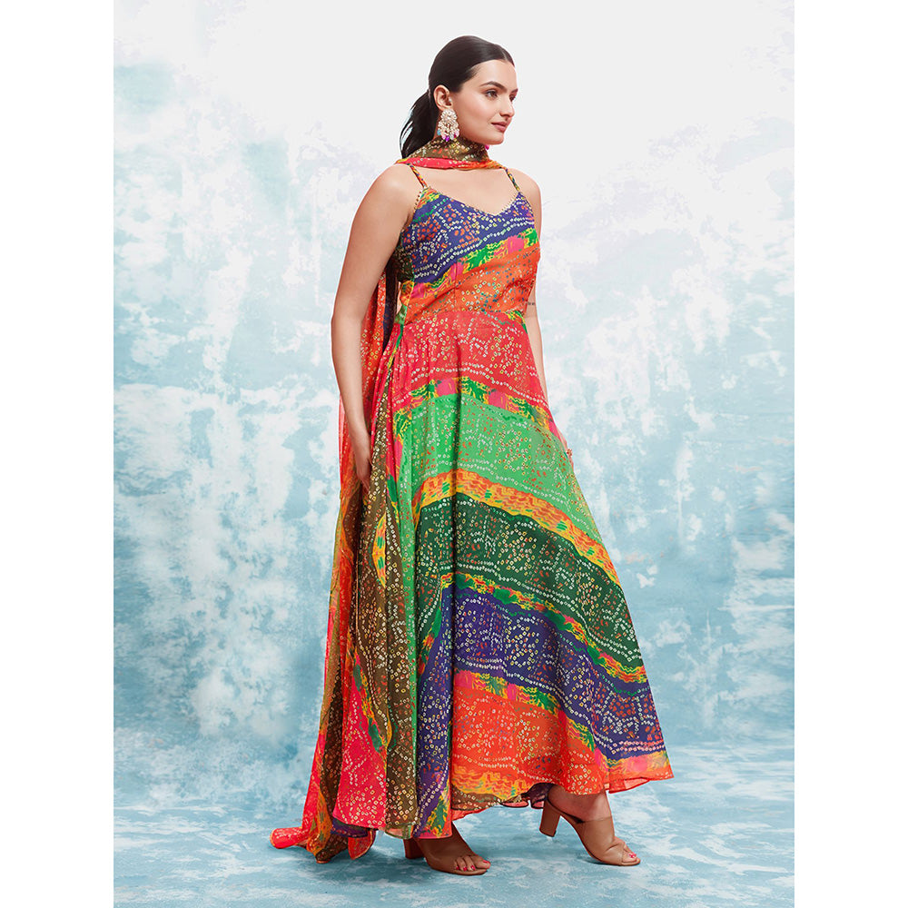 Odette Multi-Colour Georgette Printed Anarkali Kurta With Dupatta (Set of 2)